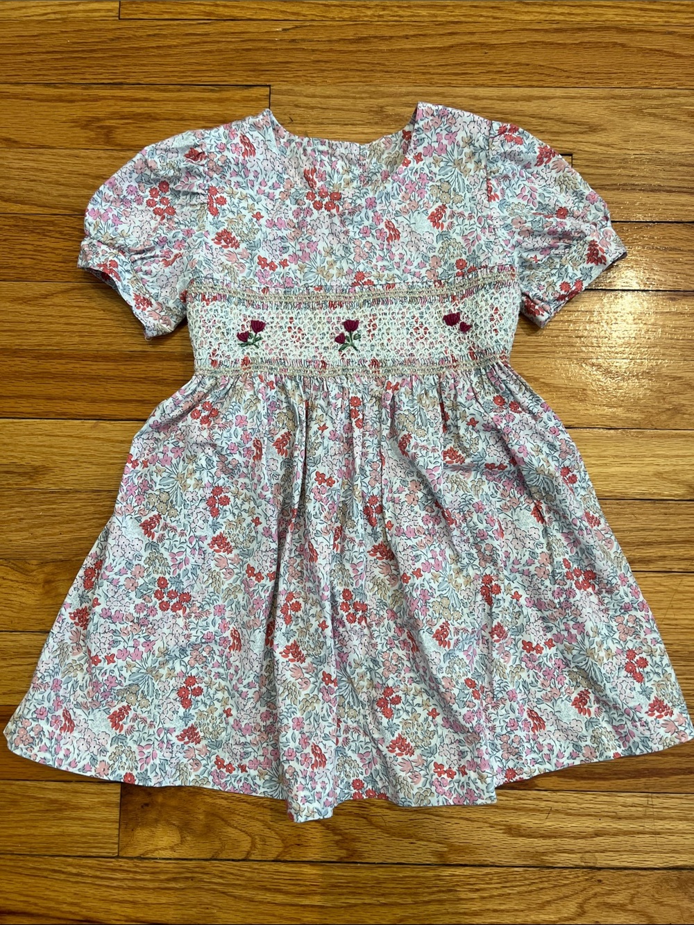 100% Cotton Liberty Print Pink & Coral Floral Smocked & Embroidered Dress